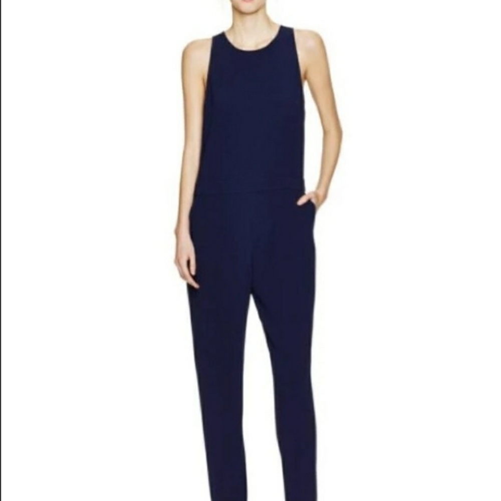 NWOT Aritzia Babaton Branson Jumpsuit navy blue, sleeveless, full leg. Size 2